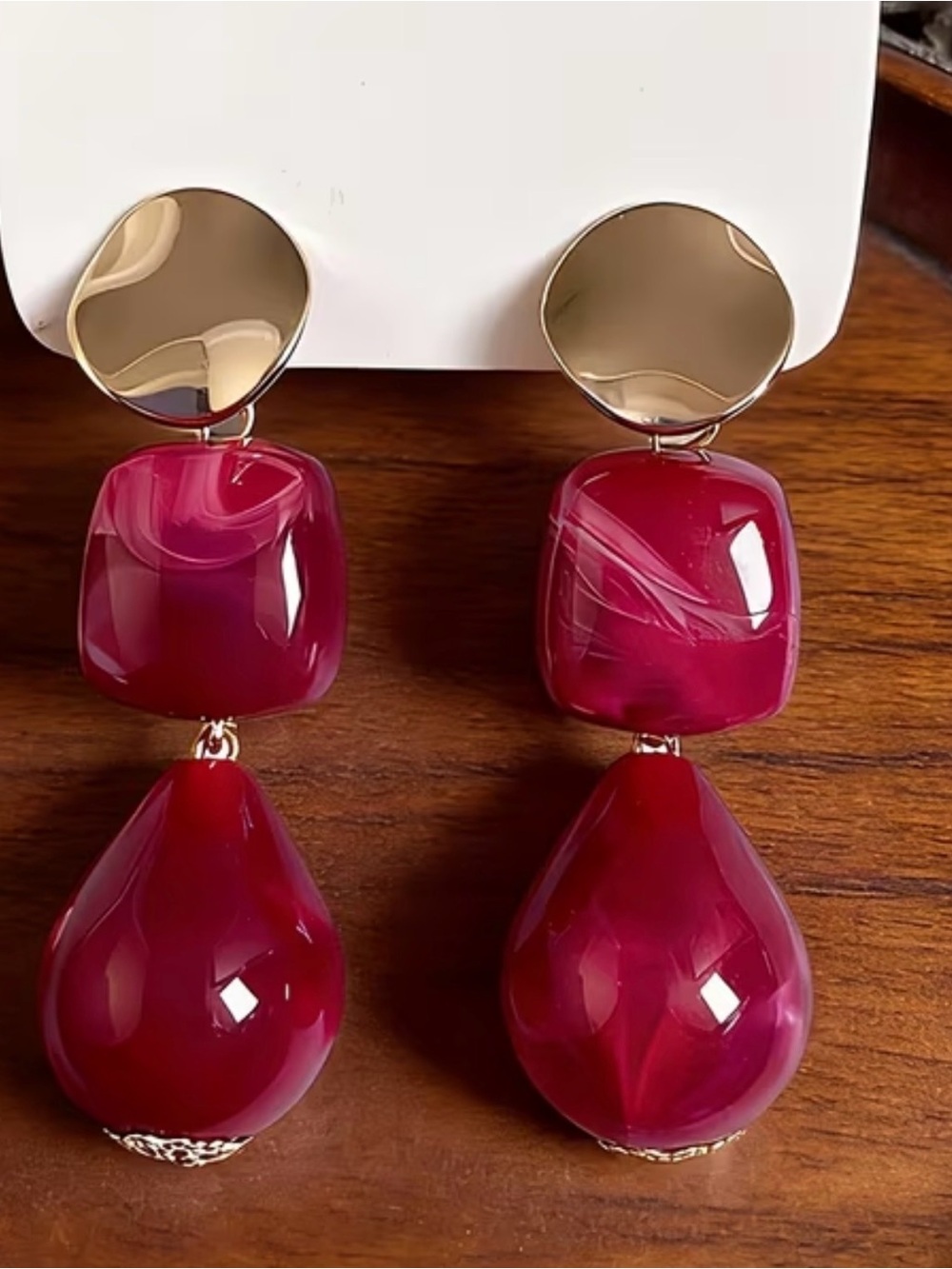 Hand Crafted Gold and Deep Red Drop Earrings